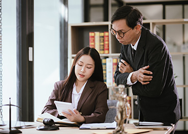 Consultation and conference of Male lawyers and professional businesswoman working and discussion having at law firm in office. Concepts of law, Judge